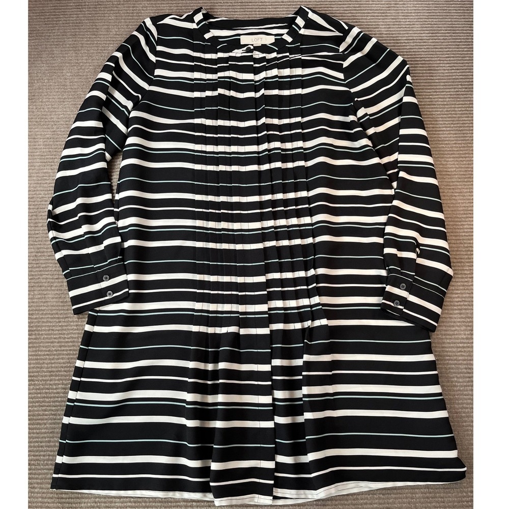 LOFT Black White Striped Pleated Bib‎ Shift Dress Womens Sz Medium Long Sleeve